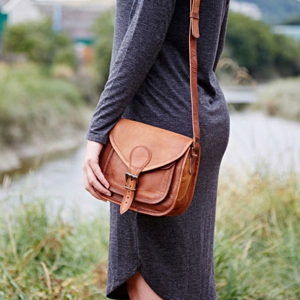 Paper High Brown Leather Curved Saddle Bag