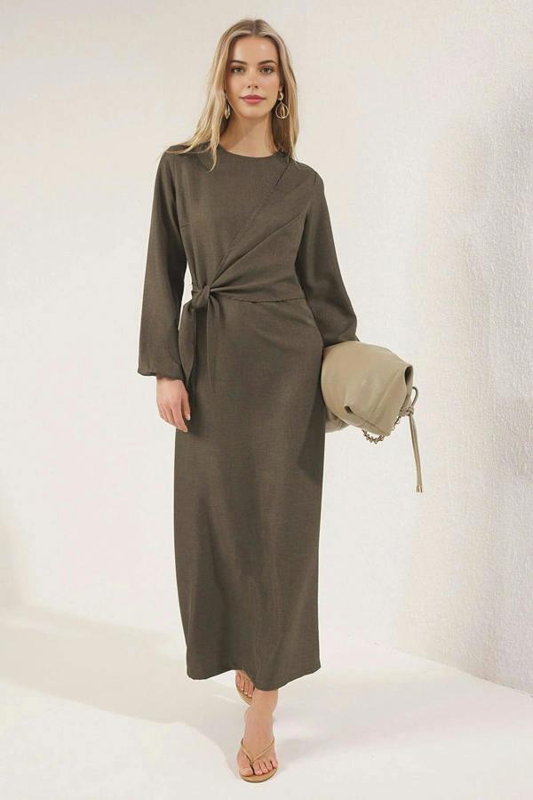 WOVCOR Tie Waist Long Sleeve Maxi Dress