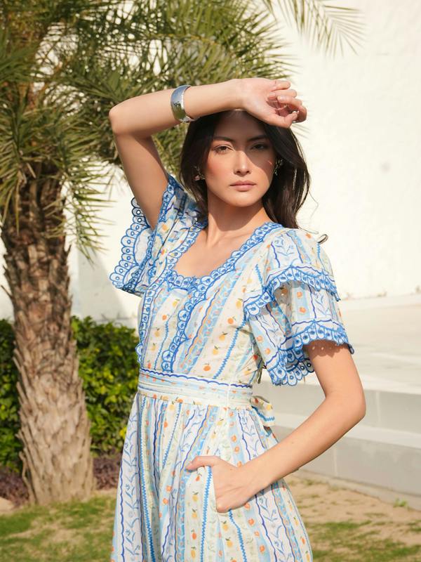 Rose & Nancy Bella Blue and White Ditsy Print Embroidered Midi Dress