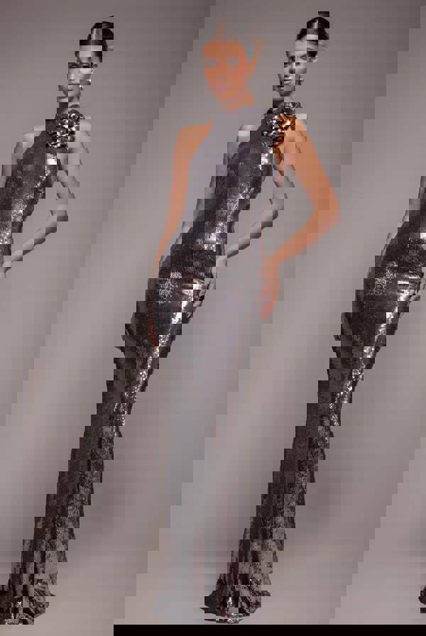 Liquid Sequin Halterneck Maxi With Corsage - Silver DR4104