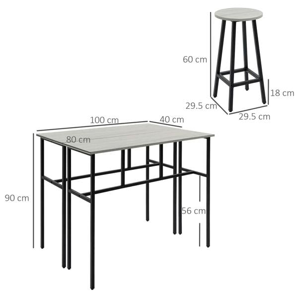 Grey bar table with black steel legs and round stool; size diagram view