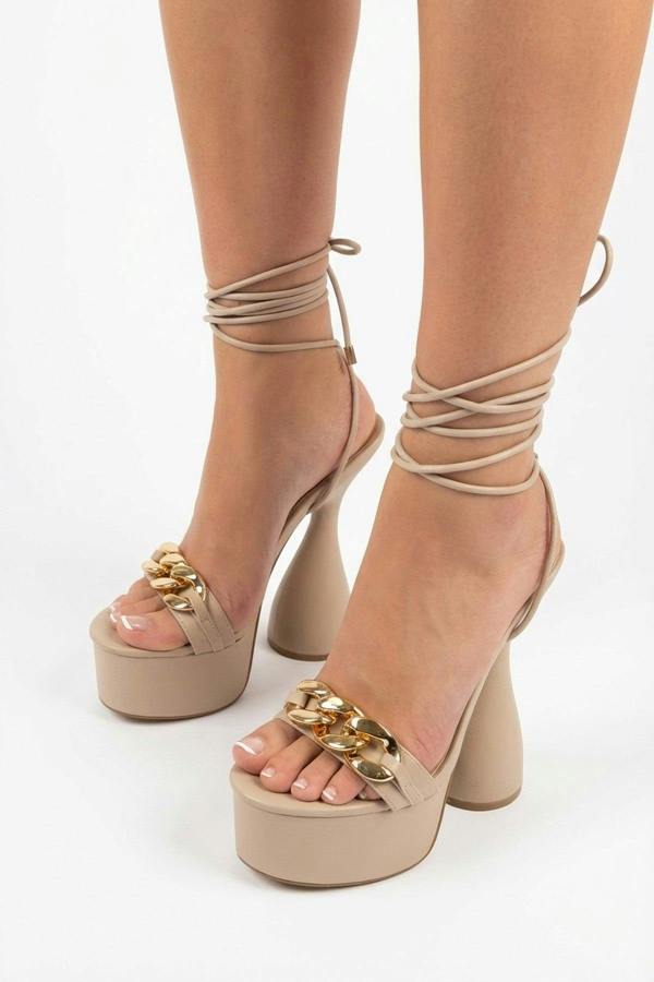 Becky Lace Up High Heels With Chain Detail - Nude_wb