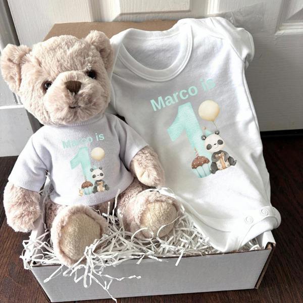 Personalised Boys 1st Birthday Panda Gift Hamper Baby Gift Box - Teddy & Vest