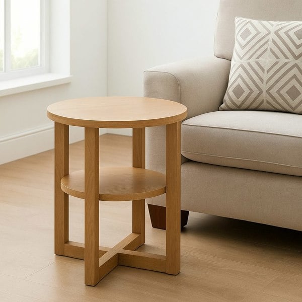 Small oak round side table with lower shelf for storage ideal for living room or bedside use

