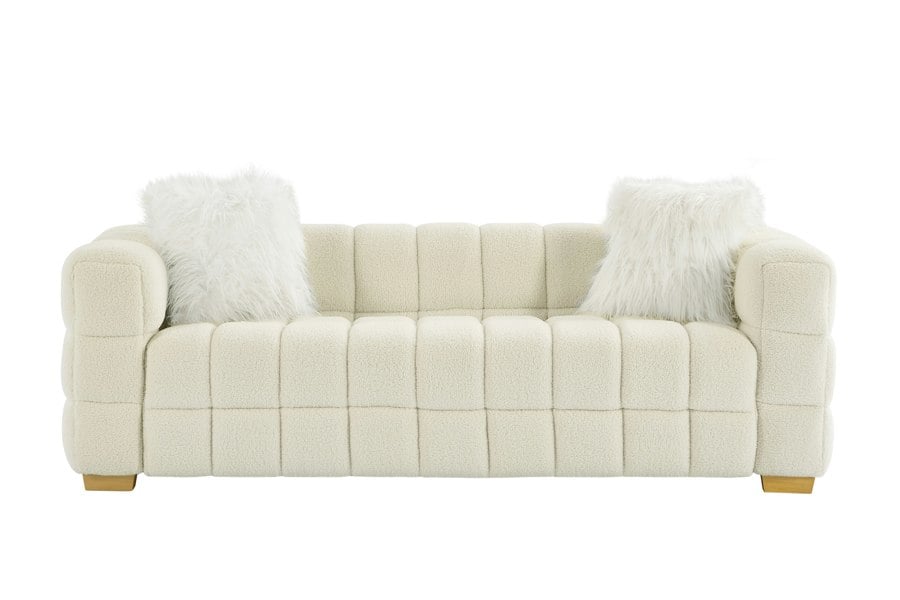 Furniture One Teddy Fleece 3 Seater Sofa - 210cm Loveseat Couch, Upholstered Padded Modern Leisure Sofa with 2 Pillows - White