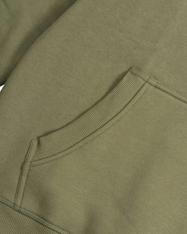Lambretta Stripe Mens Pull Over Sweatshirt Hooded Hoodie, close-up of the khaki-colored fabric with a visible pocket and ribbed detail.