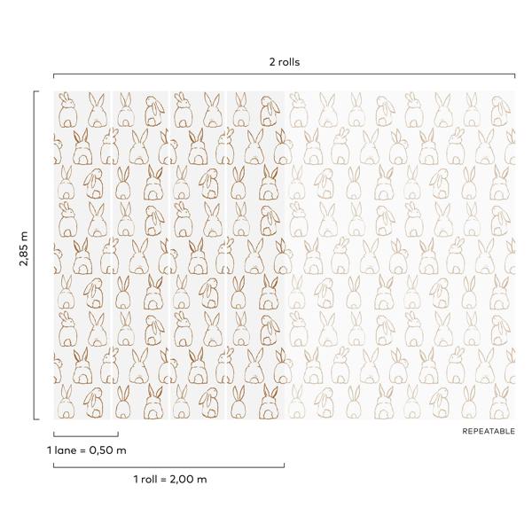 Roomblush Nursery Bunnies 4 Lane Repeatable Wallpaper Mural 200 x 285cm, Terracotta Brown