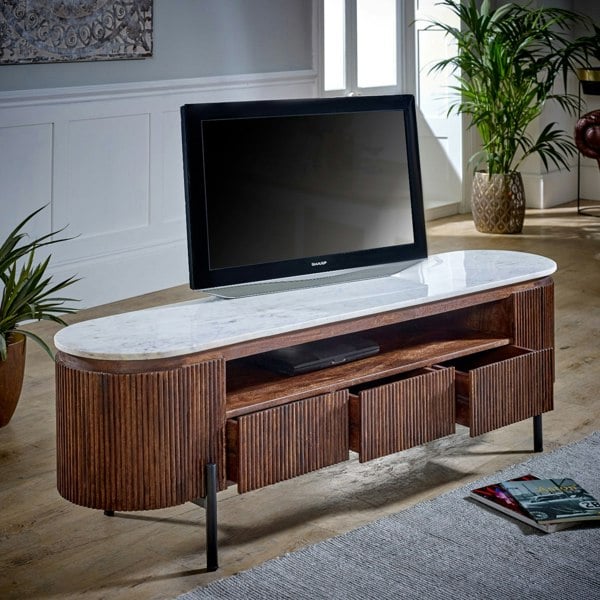 IH Design Miel Mango Wood Large TV Stand With Marble Top & Metal Legs