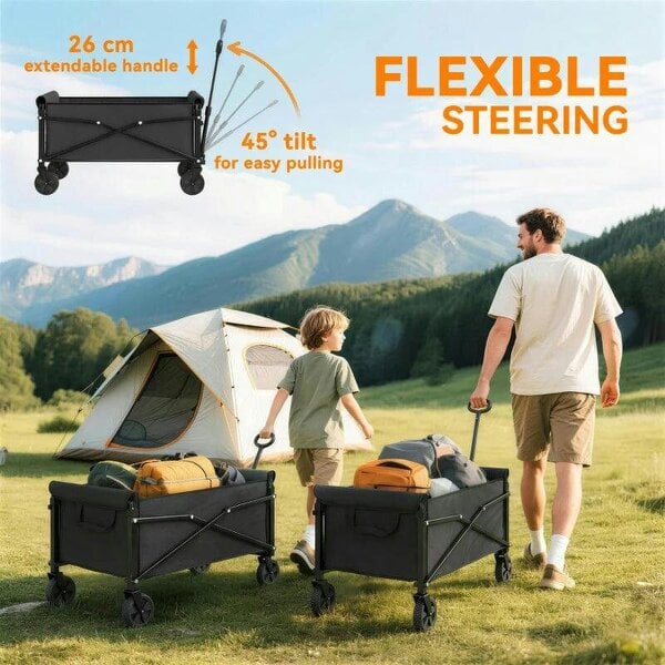 Bobobiy 81L Festival Trolley on Wheels, Compact Garden Folding Trolley Cart with Adjustable Handle 80L Black