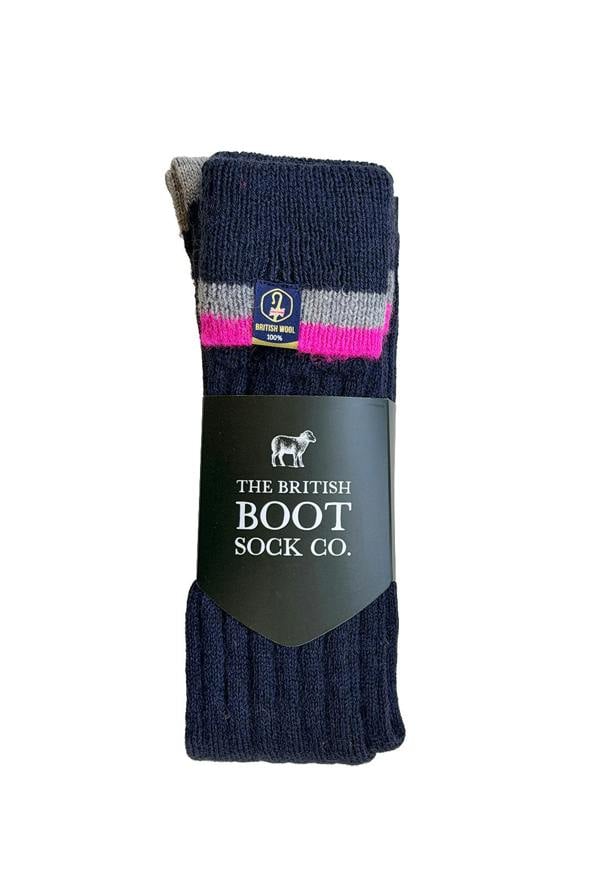 The British Boot Sock Company Wellington Boot Socks – Navy & Pink | 100% British Wool | UK 4-7