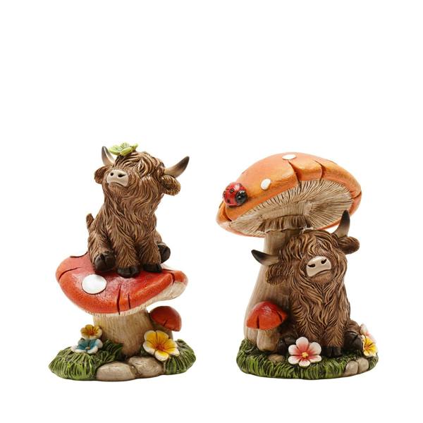 Country Living Set of 2 Highland Cows On Mushrooms