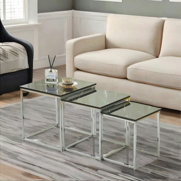 Rafaelo Mobilia Set Of 3 Faux Marble Nesting Tables Black