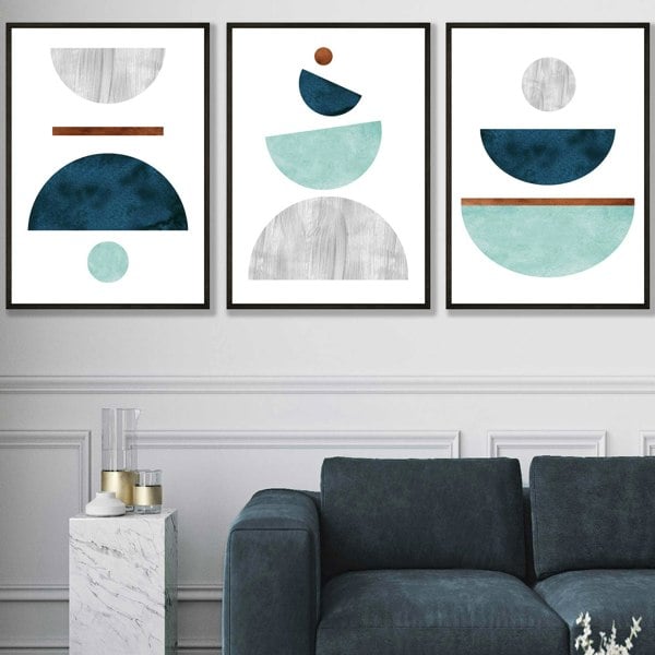 Artze Wall Art Teal, Mint Green and Grey Abstract Mid Century Geometric