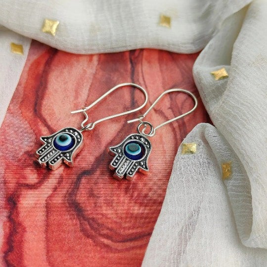 The Colourful Aura Long Silver Evil Eye Dainty Fatima Hand Hamsa Huggie Latch Back Boho Earrings