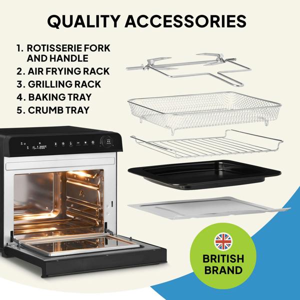 The Fridja f77 Super Oven Pro - 30L Digital Air Fryer Oven is shown open with labeled rotisserie fork and handle, air frying rack, grilling rack, baking tray, and crumb tray. PFAS free. British Brand badge with UK flag at bottom right.