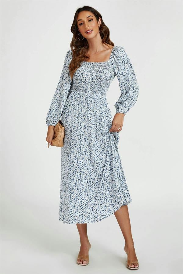 FS Collection Floral Print Square Neck Maxi Dress In Light Blue