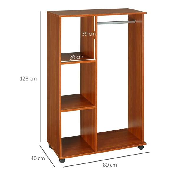 Walnut open wardrobe on wheels, 128x80x40cm, with hanging rail and side shelves