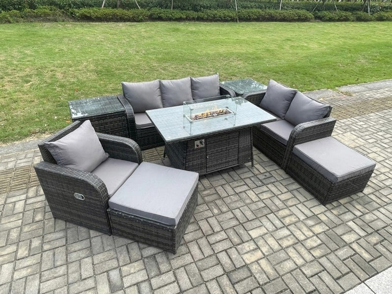 Fimous Garden Patio Furniture Wicker Rattan Gas Fire Pit Table and Sofa Chair set with 2 Side Tables 2 Big Footstool