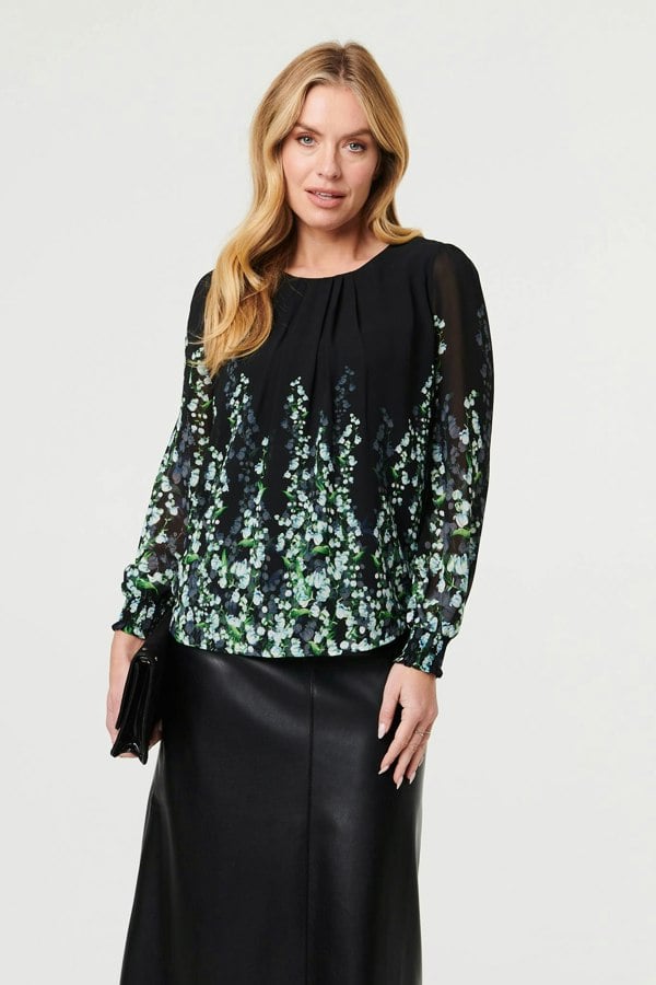 Black | Floral Long Sleeve Semi Sheer Blouse
