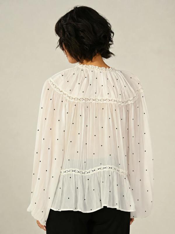 Rose & Nancy Shelley Ivory Polka Dot Tie Neck Lace Trim Blouse