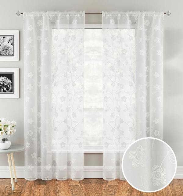 Tyrone Textiles Embroidery-Look Floral Print Voile Panel - Pair
