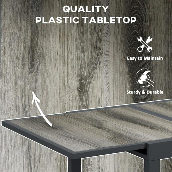 Grey wood-look plastic tabletop with visible grain, suited for outdoor dining