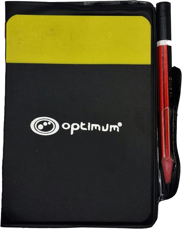 Closed black Optimum referee wallet with yellow card and red pencil in side loop - Optimum