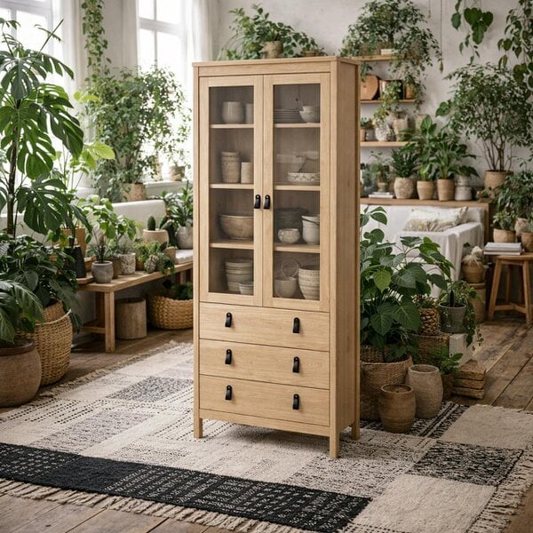 Wyld Haus Wildberry Natural Oak Wood Glass China Cabinet 2 Doors 3 Drawers