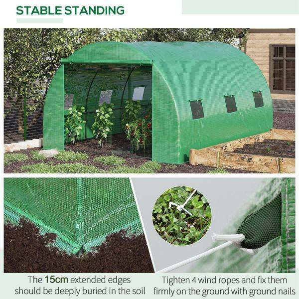 Green walk-in polytunnel greenhouse with open roll-up door and mesh window panels