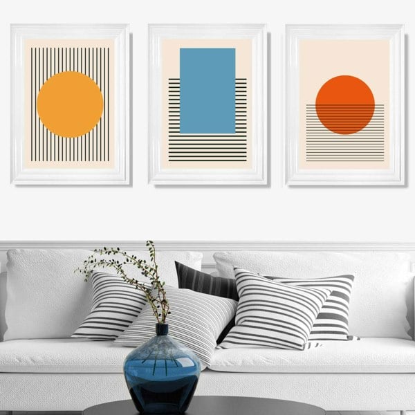 Set of 3 Geometric Yellow Blue Red Prints with Deco White Frames