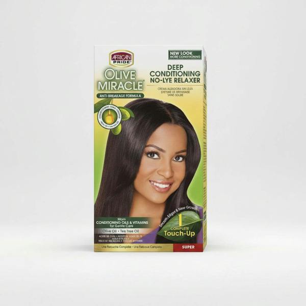 African Pride Olive Miracle Deep Conditioning No-Lye Relaxer packaging with a woman's face on a white background.