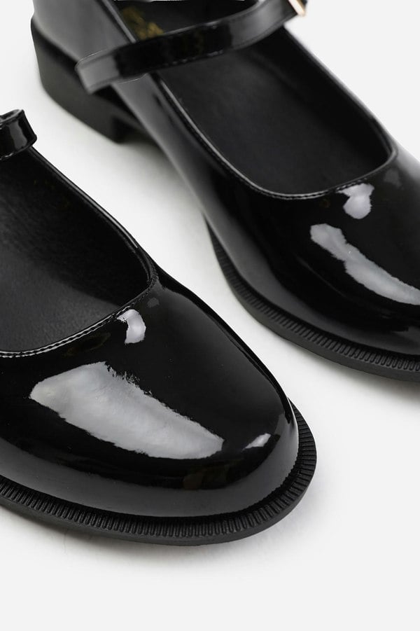 Where's That From Shaisha Extra Wide Fit Low Heel Loafer With Strap and Buckle Detail in Black Patent