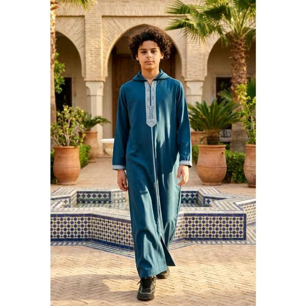 Boy's Moroccan Thobe Hooded Gandoura Embroidery Jubba - Aqua - Thobez - 9