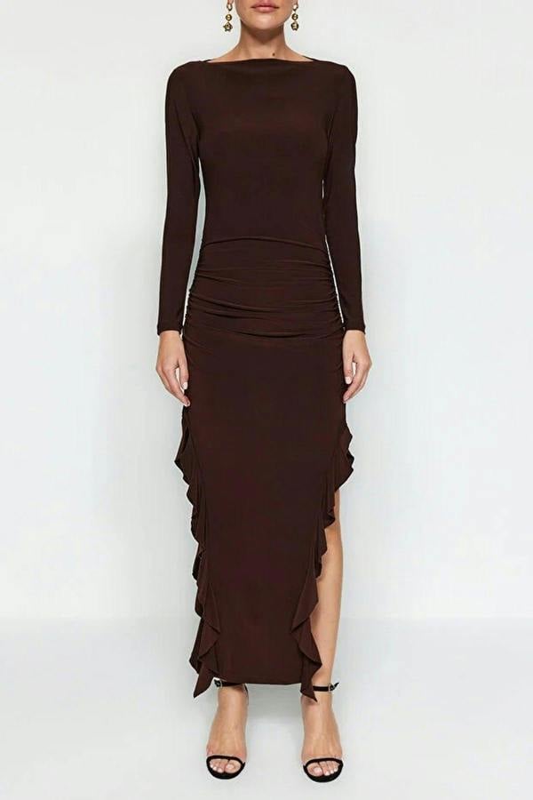 WOVCOR Boat Neck Maxi Stretch Knit Dress with Flounce Skirt