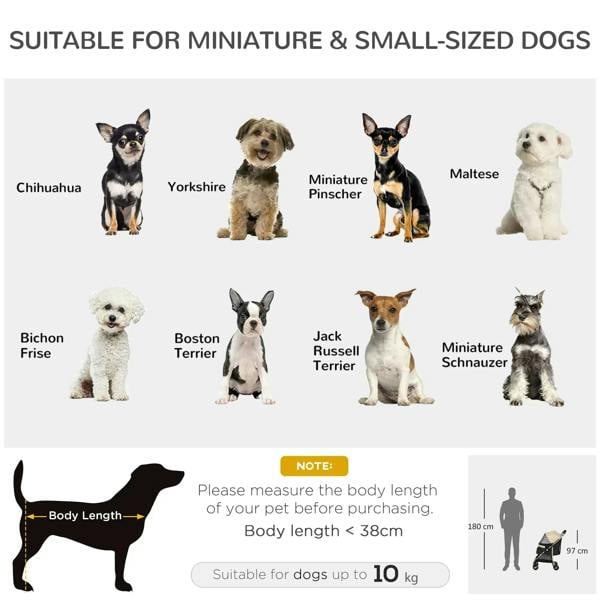 Pet stroller sizing chart with dog silhouettes and body-length guidance for small dogs