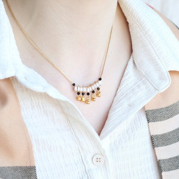 The Colourful Aura Indian Nazarian Gold Mangalsutra Black Bead Zircon Bar Bell Drop Necklace