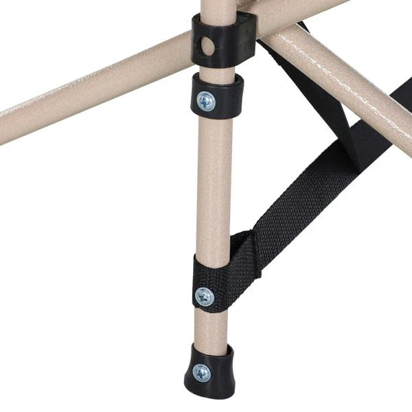 Black and beige folding cot leg joint with locking clamp hardware