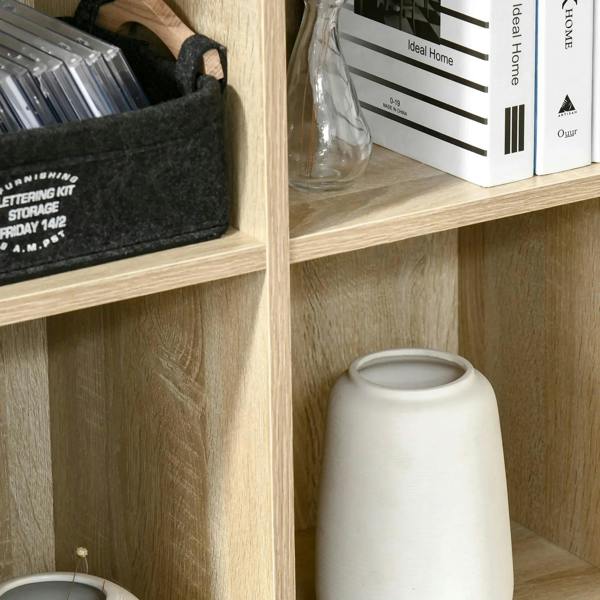 Oak wood effect bookcase shelf close-up with books, a storage pouch, and a vase