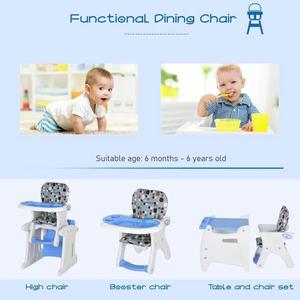 Blue convertible dining chair set showing high chair, booster, and table chair modes