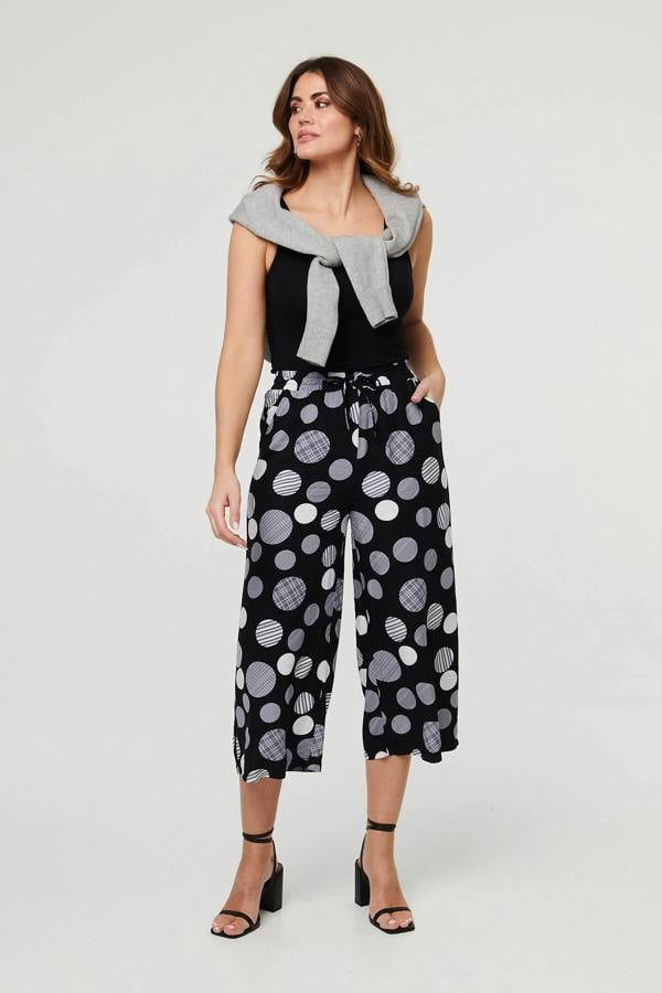 Black | Spotty Print Tie Waist Cropped Trousers