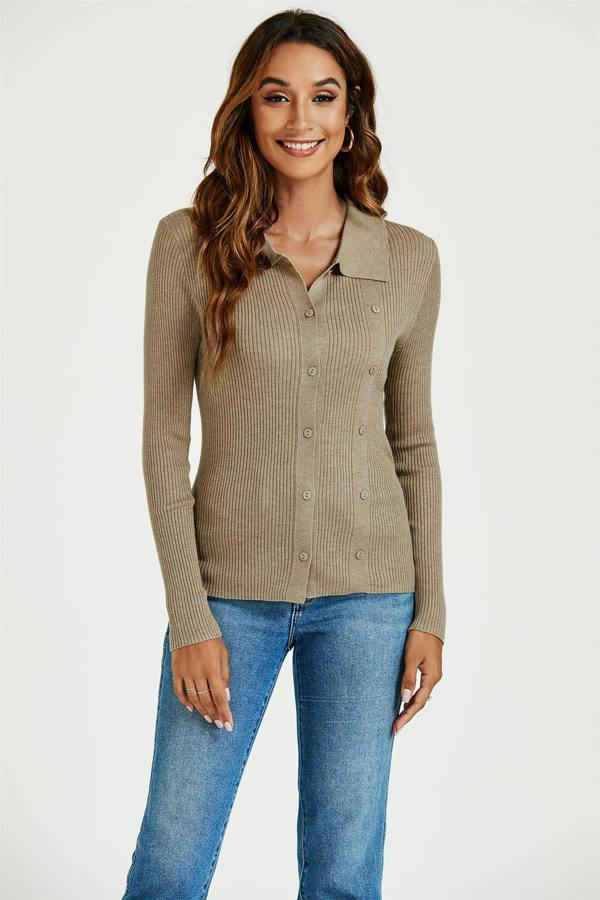 FS Collection Morgan Collar Double Breasted Knit Top In Beige