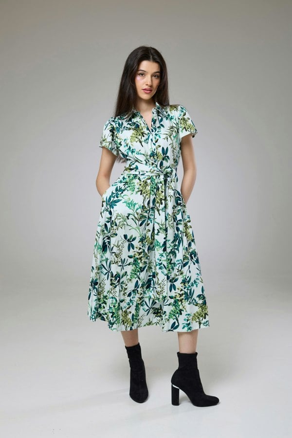 Isha's Timeless collection Flourish Green Flora Short Sleeve Shirt Dress