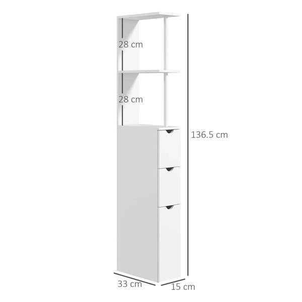 White tall narrow bathroom cabinet with open shelves and three drawers, shown with measurements.