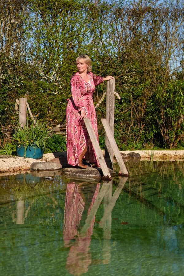 Rose Pink Aztec print satin button through maxi dress