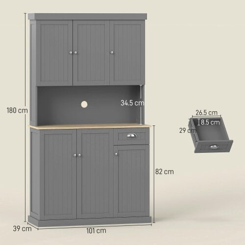 Wyld Haus Ririlo Wooden Grey 180 cm Tall Kitchen Storage Cabinet With OFauxn Counter Drawers And 6 Doors