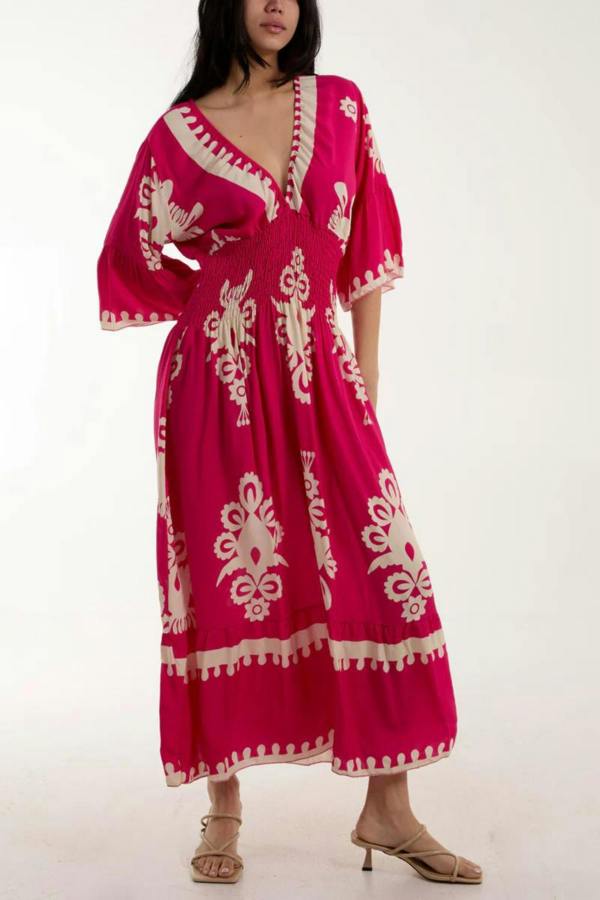 Hoxton Gal Relaxed Fit 3/4 Sleeves V Neck Printed Maxi Dress in Fuchsia