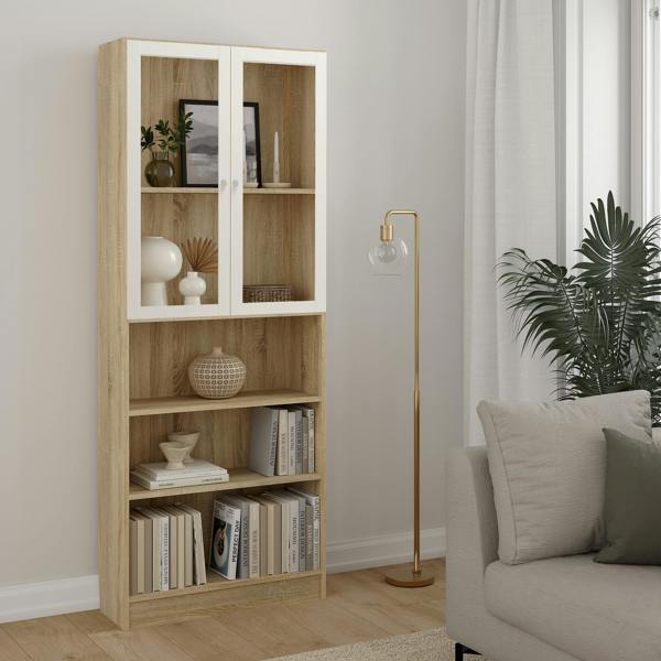 Furniture To Go Basic Tall Wide Display Cabinet in Oak (4 Shelves) with 2 Glass White Doors