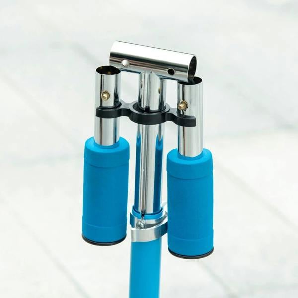 Blue scooter adjustable stem with clamp assembly and two front support tubes.
