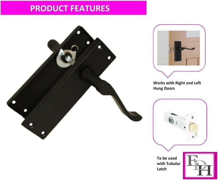 EDH Door Hardware Matt Black Victorian Scroll Door Handles on Backplate – Handle Only or Handle + Tubular Latch – 150mm x 42mm