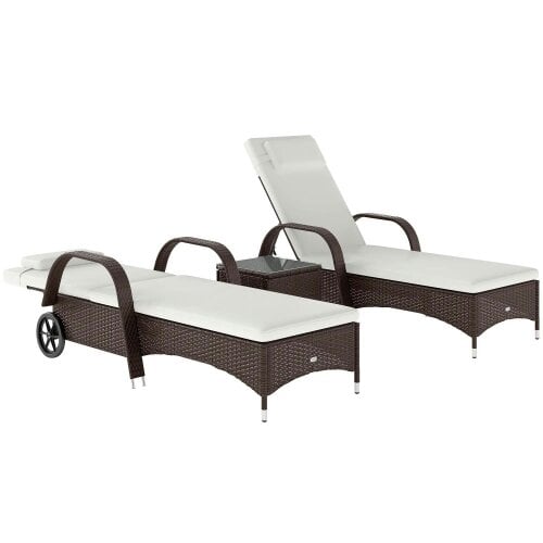 Bobobiy Rattan Sun Loungers Set of 2 with Side Table, Garden Recliner Sunbeds with Adjustable Back, 3 Pieces Garden Set, Brown